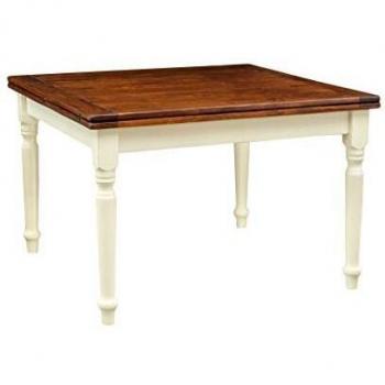 Mesa extensible cuadrada de madera maciza de tilo con armazón blanco envejecido y superficie en efecto nogal, 120x120 cm