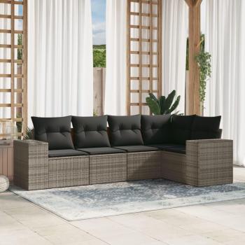 5-Piece Grey Poly Rattan Garden Sofa Set with Cushions