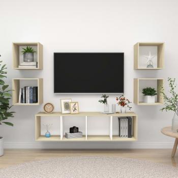 vidaXL Juego de muebles de salón 5 piezas madera ingeniería, blanco y roble Sonoma