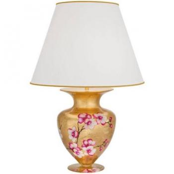 Lámpara de mesa de diseño ANFORA 24 Quilates Gold Primavera con pantalla redonda cónica de tela y acabado en oro de 24 quilates