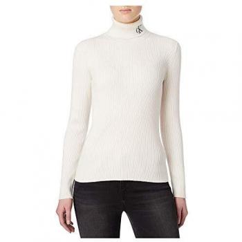 Calvin Klein Rib Roll Neck with CK Suéter, Soft Cream/White, L para Mujer
