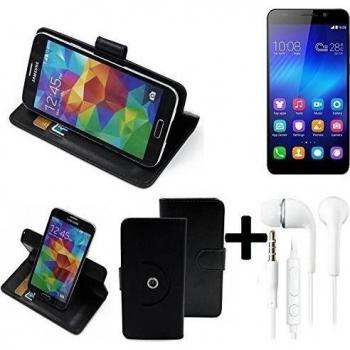 TOP SET: 360° Funda Smartphone para Huawei Honor 6, negro + Auriculares | Función de stand Caso Monedero BookStyle mejor precio, mejor funcionamiento - K-S-Trade | Funda Universal Caso Monedero cubierta del tirón Monedero Monedero