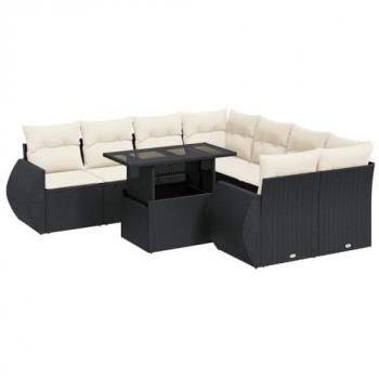 9-Piece Black Poly Rattan Garden Sofa Set with Cushions