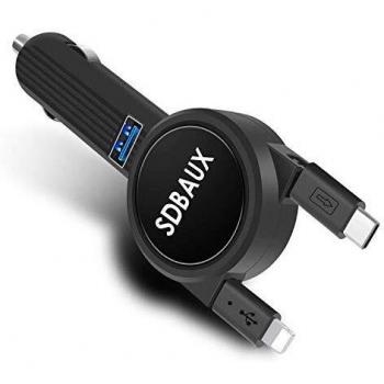 SDBAUX Cargador de Coche, 3.1A/15W con Cable Retráctil de 70 cm,Dispositivos iOS Compatibles Teléfono XS MAX XR X 8 7 6 5s,Tipo C para Samsung Galaxy S9 S8 Plus Nota 8 LG Google Pixel y 1 Puerto USB