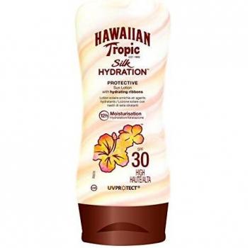 Hawaiian Tropic Silk Hydration Protective - Loción Solar Protectora con Cintas de Seda Hidratantes y Resistente al Agua, Protección Alta, SPF 30 - Formato: 180 ml