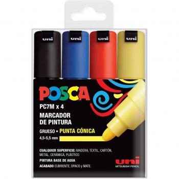 Uni Posca PC-7M Estuche de 4 Marcadores Punta Ancha Base Acuosa Colores Básicos