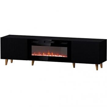 Mesa de TV Charlotte H106 con LED, Negro y Dorado, 181 x 49 x 40 cm, con dos puertas y efecto de chimenea