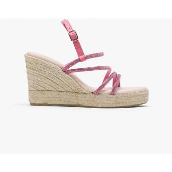 Sandalias de cuña de mujer en fucsia con tiras brillantes