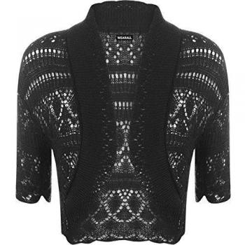 WearAll - Mujeres Shrug del Bolero Manga Corta Hecho Punto Ganchillo Cardigan - Negro - 42-44