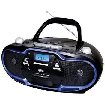Trevi CMP 574 USB – Boombox microcadena portátil con radio AM / FM, reproducción de CD, MP3, USB, cassette y salida para auriculares. - Color negro y detalles en azul