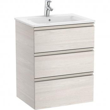 Roca - Mueble de baño con 3 cajones y lavabo The Gap, Pack Unik mueble base de 3 cajones + lavabo central, Color: Fresno nórdico, Medidas: 605 x 460 x 763