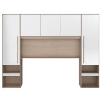 Puente de cama con almacenamiento y LEDs - Ancho 265 cm - Color: blanco brillante y natural - VELONA