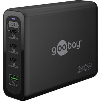 Cargador Rápido Multiport USB-C PD GaN 240W con 1 USB-A y 3 USB-C, Negro
