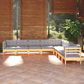 9-Piece Solid Pine Garden Lounge Set with Grey Cushions