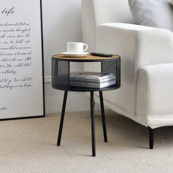 Mesa auxiliar redonda Bjørnsund con compartimento, aglomerado y metal, 45 x Ø 34 cm, efecto madera negro