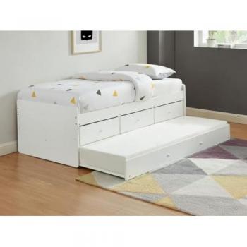 Cama nido TITOUAN con 3 cajones - 90 x 190 cm - MDF y Pino - Blanco + Colchón