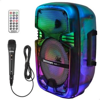 Altavoz Karaoke Inalámbrico Bontempi 50W con Micrófono, Luces RGB, USB, microSD, Radio y Batería Recargable - Portátil Ø12x18 cm Ideal para Fiestas