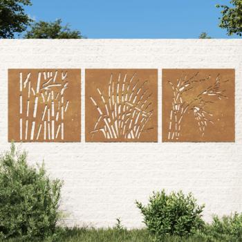 vidaXL Garden Wall Decorations 3 pcs 55x55 cm Corten Steel Grass Design Brown