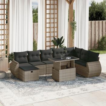 9-Piece Grey Poly Rattan Garden Sofa Set with Cushions