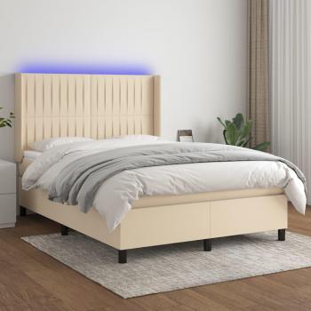 Cama de muelles con colchón y luces LED crema 140x190 cm Tela