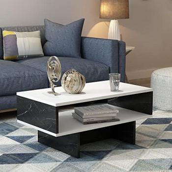 Mesa de Centro Mjölby Aglomerado Rectangular 37 x 80 x 45 cm Blanco/Efecto Mármol Negro con Estante de Almacenamiento