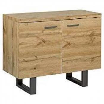 Aparador Industrial de 2 Puertas de Madera Clara con Base de Metal Gris y Asas de Aluminio, Gabinete Freestanding con Estantes