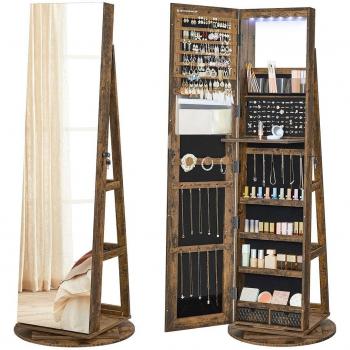 Espejo Joyero Giratorio con 6 LEDs, Armario Organizador de Joyas, Longitud Completa, 3 Estantes, Diseño Sin Marco, Blanco con Vetas de Gris Claro, Rotación 360°