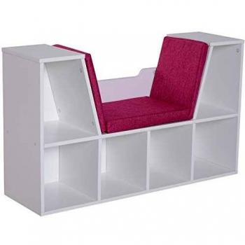 Banco Estantería 2 en 1 Diseño Contemporáneo con 6 Compartimentos y 3 Cojines Incluidos 102x30x61 cm Blanco y Rosa