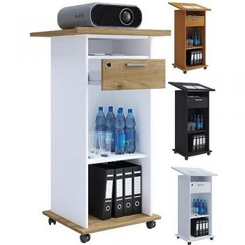 Mesa de madera con ruedas para proyector Neta, altura 108 cm, superficie inclinable y cajón cerrable