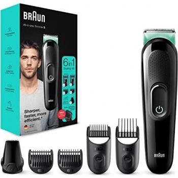 Braun Recortadora de Barba 6 en 1, Máquina Cortar Pelo, Cortapelos Hombre para Cara, Pelo Orejas y Nariz, 5 Accesorios, 3 MGK3321, Negro/Verde