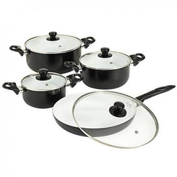 vidaXL Juego Sartenes Ollas 8 Pzas Revestimiento Cerámico Aluminio Utensilios Cocina Sartén + 3 Cazuelas + 4 Tapas Vidrio Batería Cocina Negro Blanco