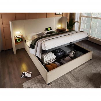 Cama contenedor de lino 160x200 cm con 2 mesitas de noche, luz de lectura y función de carga - Beige