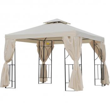 Cenador de Jardín 3x3 m con 4 Cortinas Laterales y Doble Techo Beige