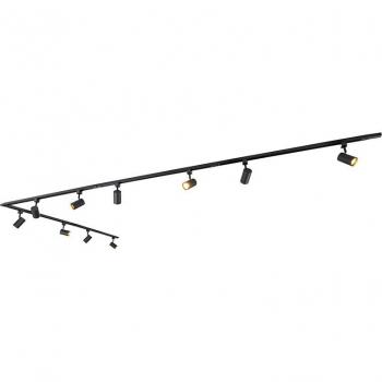 Sistema de carril monofásico moderno Jeana con 10 focos negros, dimensiones 476 x 9.5 x 17 cm, material aluminio/acero/plástico, adecuado para LED, potencia máxima de 10 x 50