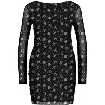 Vestido Bodycon de Malla con Estampado de Calaveras para Mujer Pesadilla Antes de Navidad en Negro - Talla L