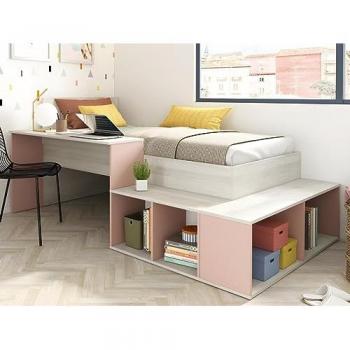 Cama combinada 90 x 200 cm con almacenamiento y escritorio - Color natural y rosa + Somier + Colchón - RIGALI