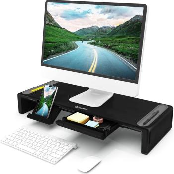 Soporte de Monitor Plegable Olmaster con Ancho Ajustable de 3 Niveles, Incluye Soporte para Teléfono Inteligente y Tableta, Almacenamiento para Teclado, Cajón, Altura de 8