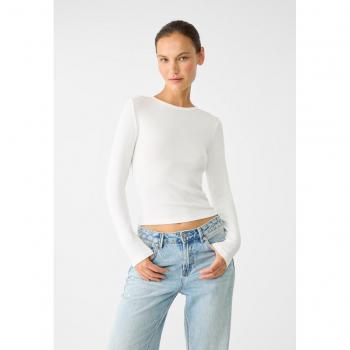 Stradivarius Ecru Long Sleeve Ribbed T-shirt Size L