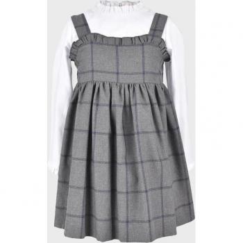 Vestido de niña gris con cuadros y lazo en la cintura