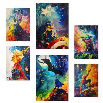 Set de 6 Pósters de Superhéroes Ilustrados para Decorar Paredes - Tamaños A3 y A4 Sin Marco