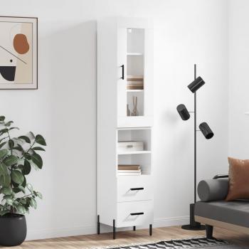 Aparador de madera contrachapada blanco brillo 34,5x34x180 cm con 2 cajones y 2 estantes, mueble de almacenaje para salón, buffet y armario auxiliar