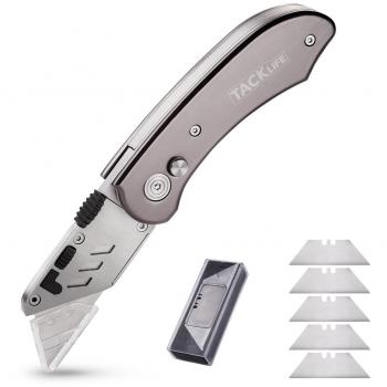 TACKLIFE Cúter, UKH01 Cuchillo con 5 Hojas Extra Reemplazables, Mango de Aluminio Ligero y Botón de Liberación Fácil