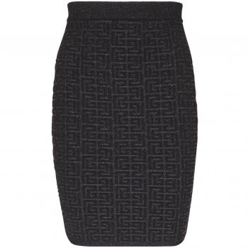 Balmain Women's Monogram Glitter Midi Skirt in Black, Size 38, DF1LC056KG96EAC