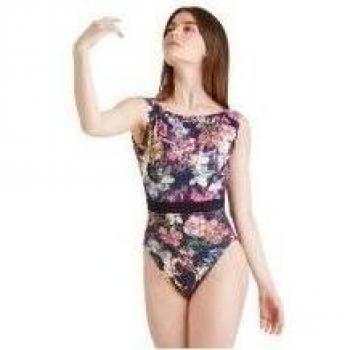 Dance connexxion Camiseta maillot Danza Para Mujer Con Aspecto de flores/flores Print, espalda profunda sección, Boat Neck y cintura banda, color Dunkelpastell Blumen, tamaño extra-small