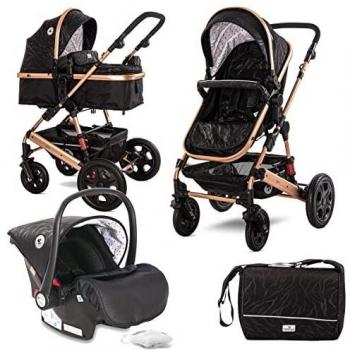 Lorelli - Carrito de bebe 3 en 1 convertible LORA Negro con chasis dorado. Incluye silla de auto grupo