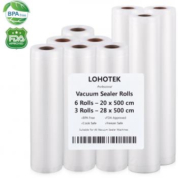 Bolsas al Vacio, Rollos para Envasadora Sellador de Vacío 6 Rollos 20 x 500cm y 3 Rollos 28 x 500cm Bolsas Profesional para la Conservación de Alimentos Protector la Comida para Cocina