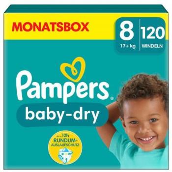 Pampers Pañales Baby-Dry Talla 8, 17+kg, Caja Mensual (1 x 120 Pañales)