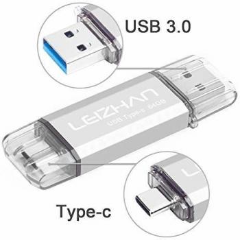 LEIZHAN Memoria USB Tipo C 64GB,Flash Drive USB 3.0 OTG para Samsung S9,Huawei,Portátil,Teléfono y Otras Dispositivos USB o Tipo C-Plata