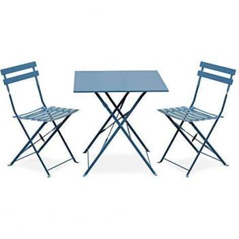Set de mesa y sillas de jardín plegable bistró de acero azul grisáceo, incluye mesa cuadrada y 2 sillas, dimensiones 70x70x71 cm