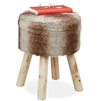 Taburete Decorativo Redondo de Pelo Sintético con Patas de Madera, Estilo Rústico, 42 x 33 cm, Gris/Marrón